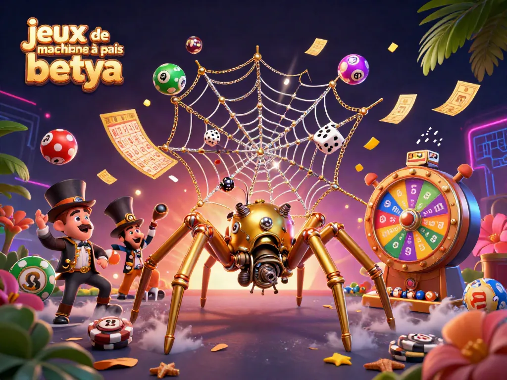 Engage with jeux de machines à sous betya in this dynamic 3D scene featuring a steampunk spider and colorful elements.