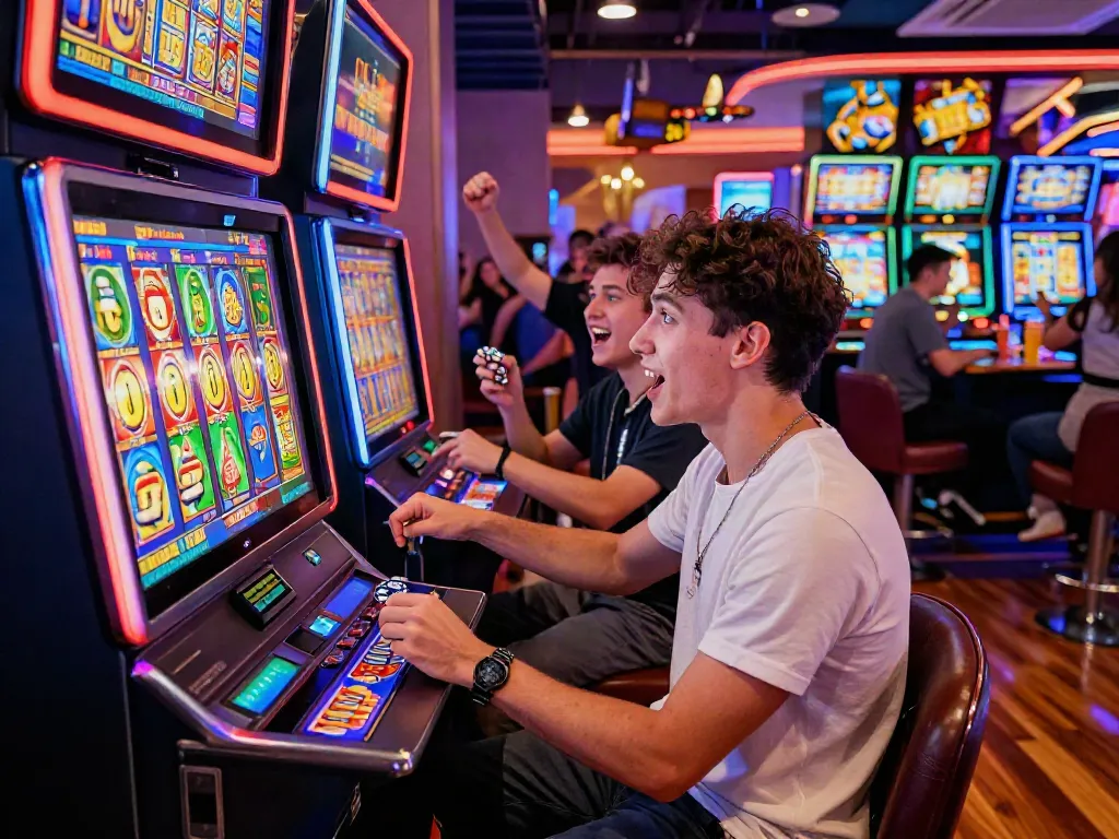 Exciting scene of a player engaging with a colorful slot machine in a lively casino atmosphere, perfect for สล็อตเว็บตรง.