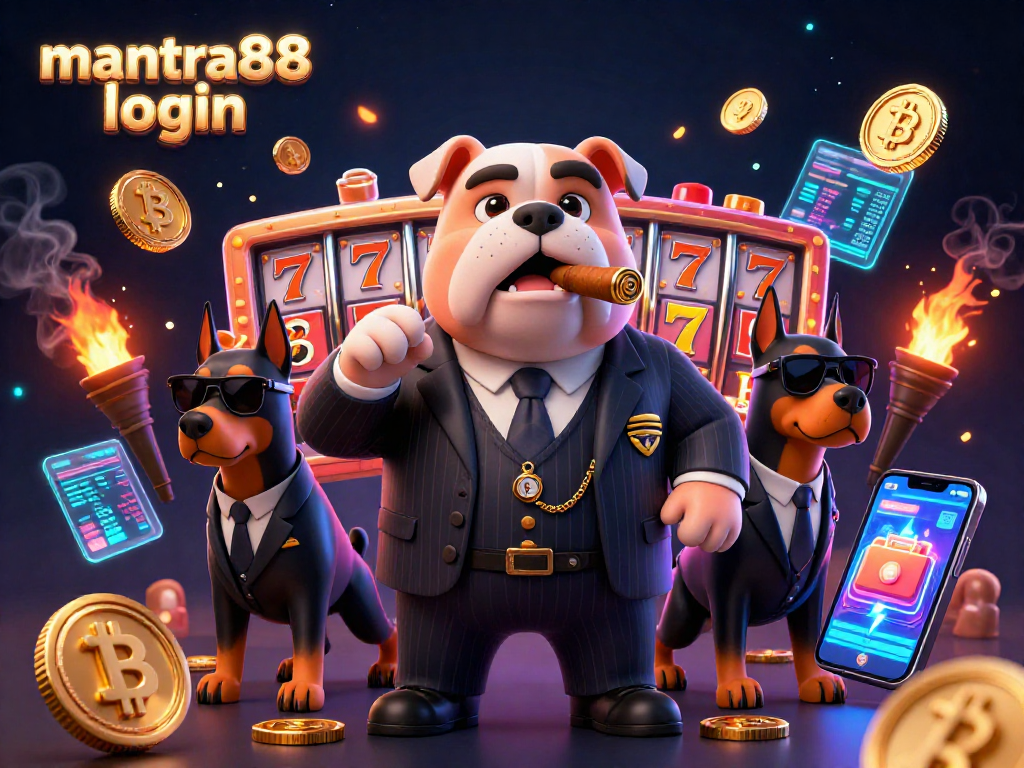 Experience the thrill of gambling with mantra88 login as a mafia boss bulldog and bodyguard Dobermans surround dynamic slot game elements.