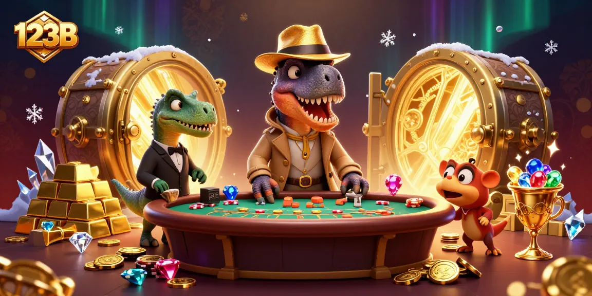 123B velociraptor at the blackjack table, surrounded by treasures and casino elements.