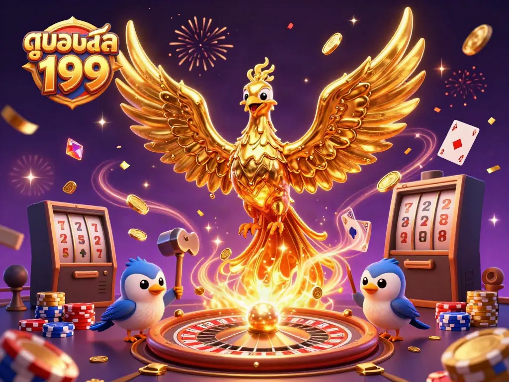 Experience the thrill of ดูบอลสด 199 in this captivating 3D digital scene filled with gambling elements and celebratory energy.