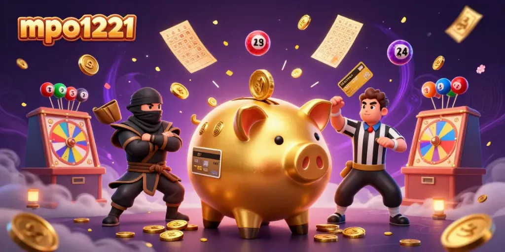 Experience the thrill of mpo1221 as a golden piggy bank sumo wrestler unleashes coins in a dynamic casino scene.
