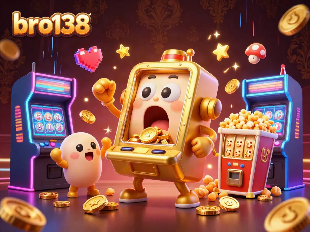 Experience the thrill of bro138 with a golden slot machine hitting jackpots surrounded by cheering characters!
