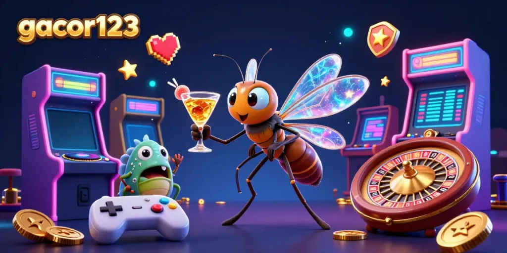 Win big with gacor123 in this vibrant 3D casino scene, featuring interactive game elements and dynamic characters.