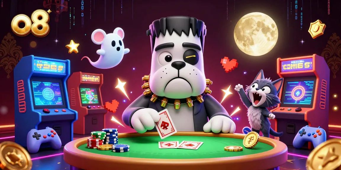 Engage with thrilling games at o8, featuring a cartoon bulldog dealer and magical casino elements.