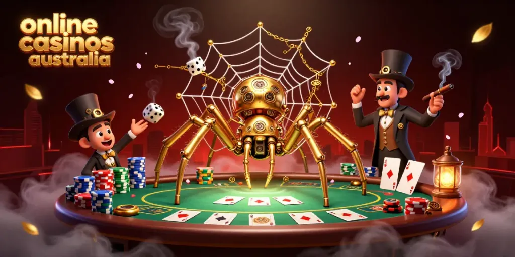 Engaging illustration of online casinos Australia featuring steampunk elements and dynamic game scenes.