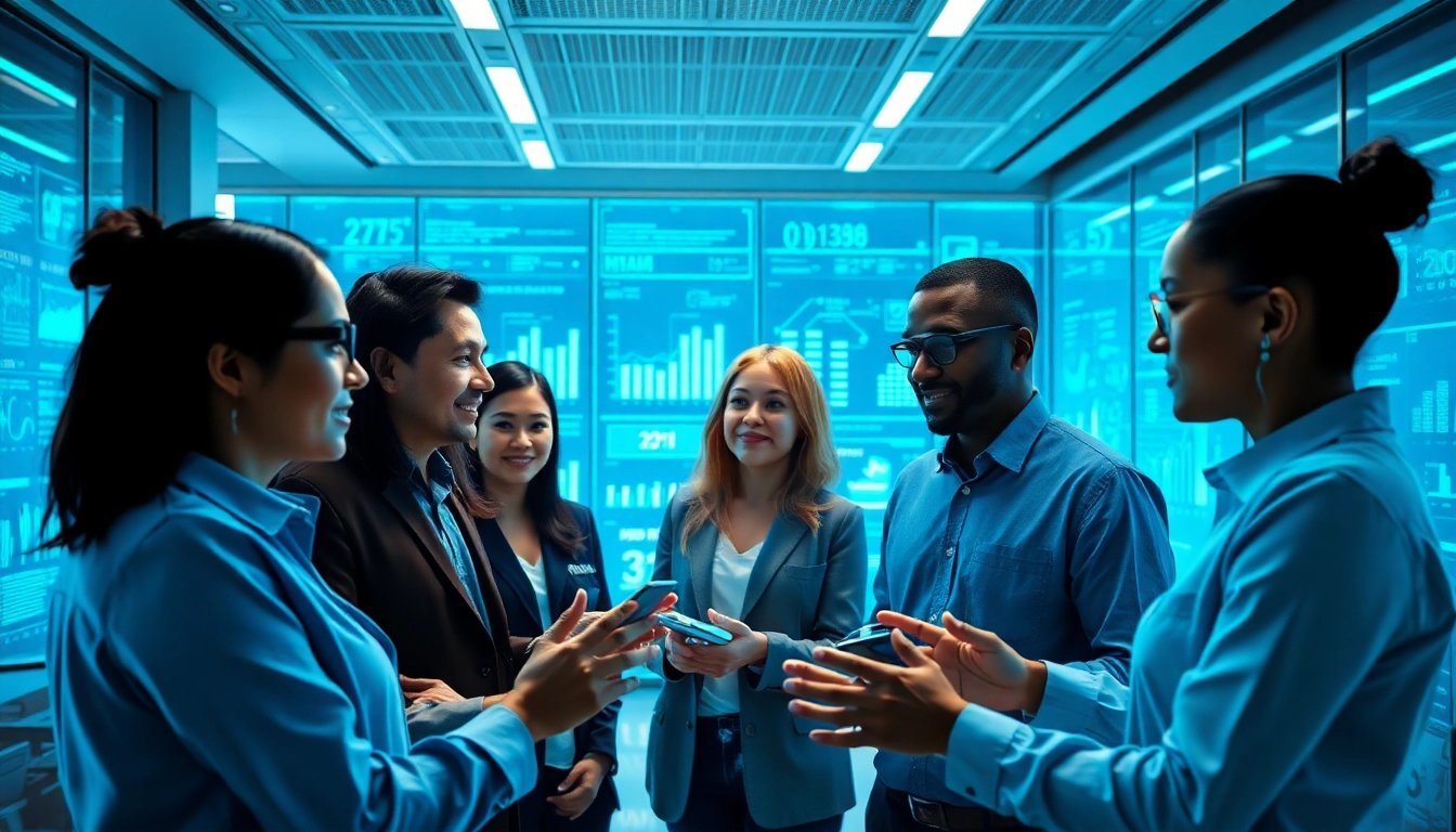 AI agents collaborating in a modern office with digital interfaces and vibrant displays.