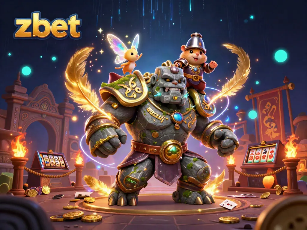 ZBET's lively casino experience illustrated by a stone golem, fairy, and hamster knight amid dynamic gaming elements.