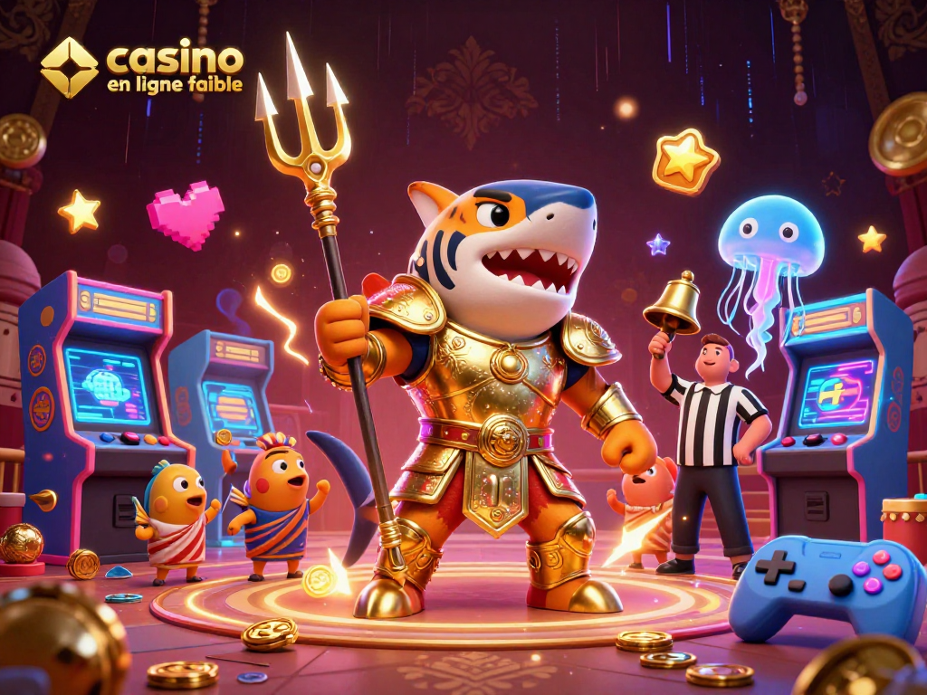 Jouez à casino en ligne fiable dans une scène animée avec un requin tigre en armure et des éléments de jeu colorés.