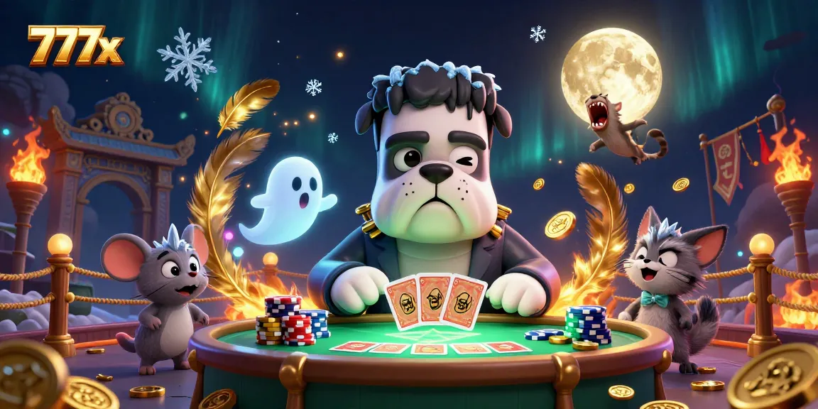Experience the thrill of 777x with a lively casino scene featuring a Frankenstein bulldog and werewolf kitten.