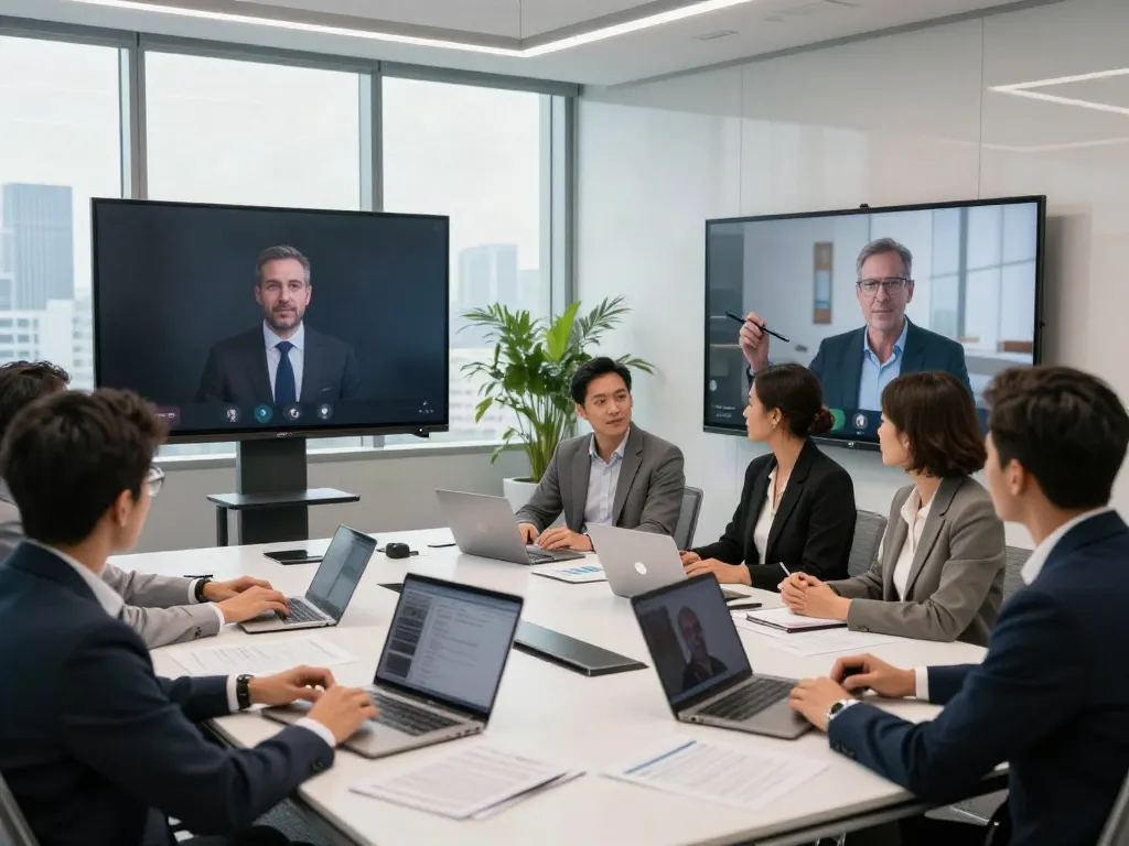 Deepfake-protected meetings in a vibrant corporate conference room with team collaboration.