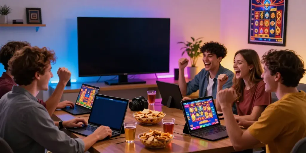 Friends immersed in online slot thailand gaming experience with devices in cozy setting.