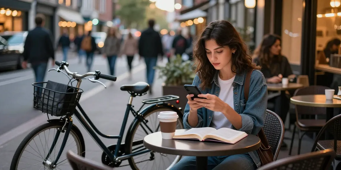 Gái gọi tại quán cà phê phố, người phụ nữ trẻ trung tương tác với smartphone và đọc sách.