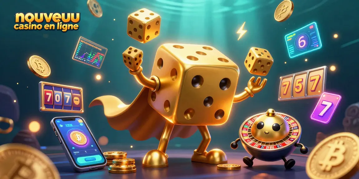 Découvrez un nouveau casino en ligne avec un golem de dés dorés jonglant des jetons, entouré de pièces cryptographiques.