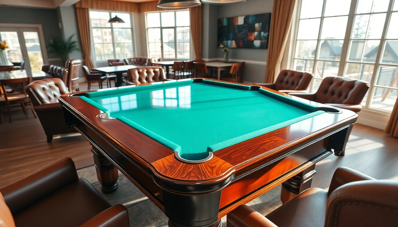 Buy Pool Tables in a luxurious game room with a polished mahogany surface and stylish decor.