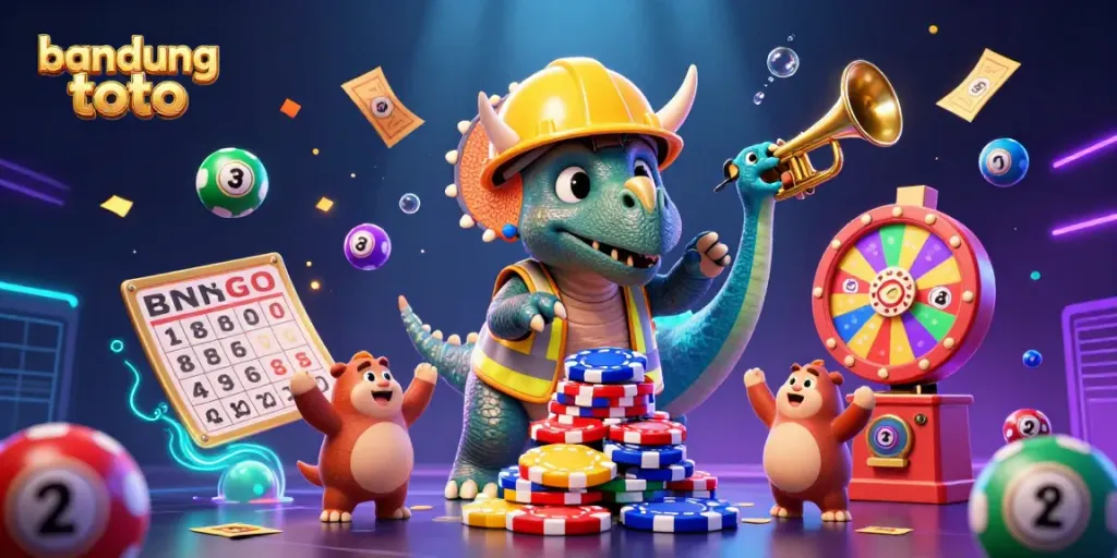 Engage with bandung toto's thrilling world of online gambling featuring colorful lottery elements and festive 3D characters.