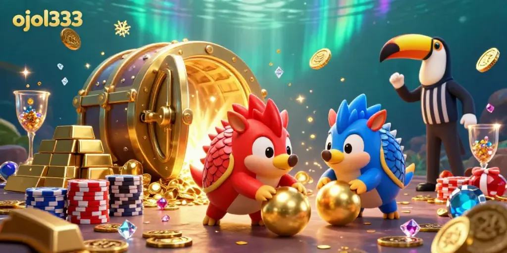 Experience the thrilling action of ojol333 with pangolins bowling golden balls and poker chips in a vibrant casino scene.