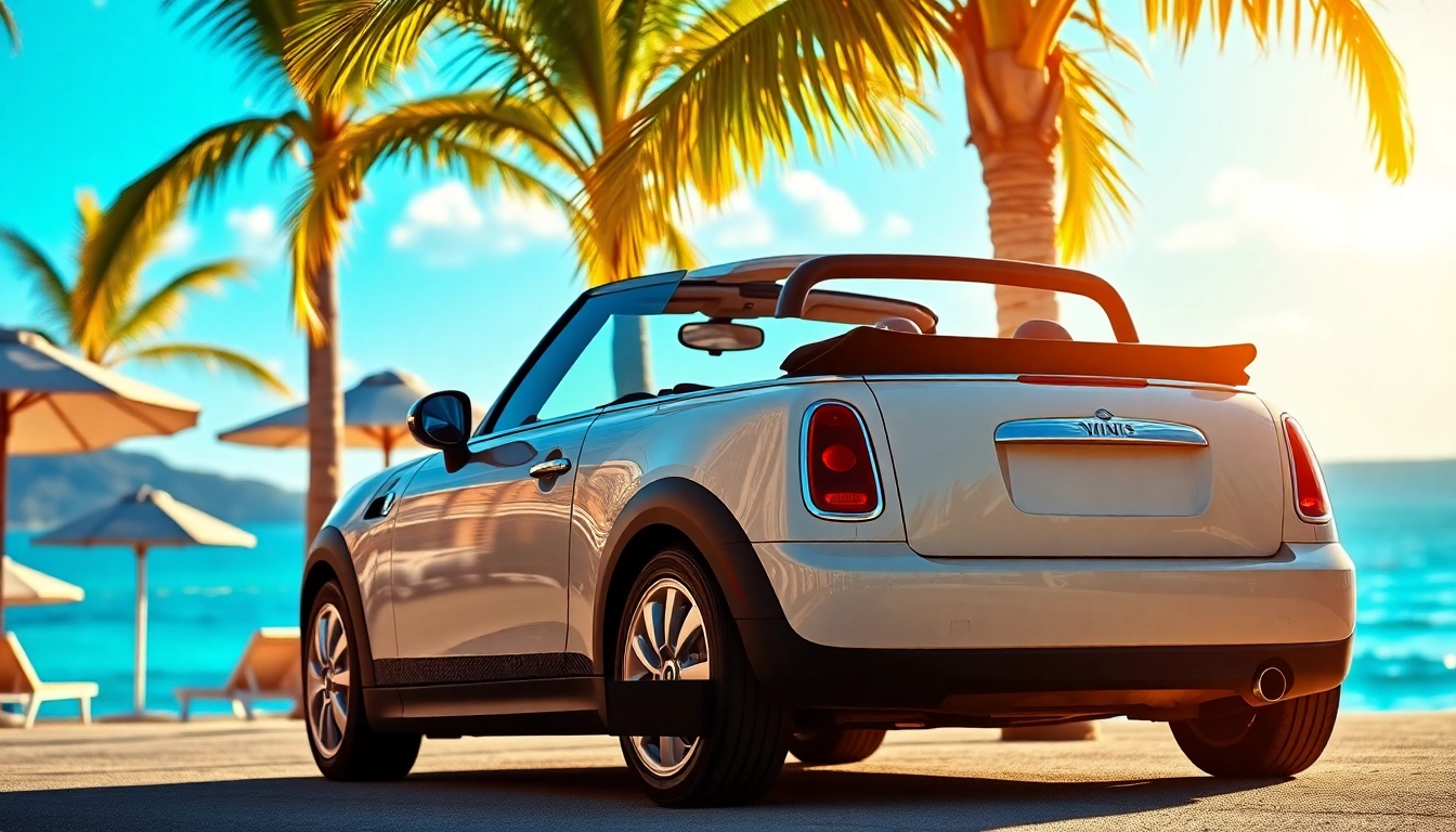 Drive the mini cooper convertible st barts against a stunning beach backdrop, enjoying luxury and style.