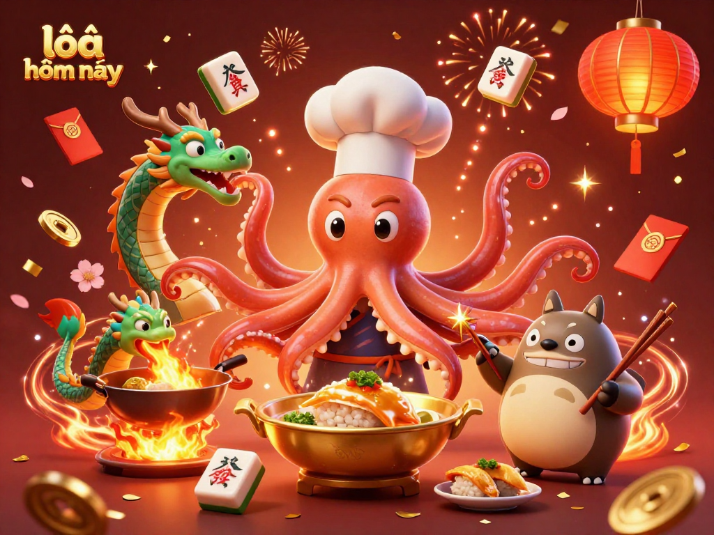 Experience exciting lô đề hôm nay with a vibrant 3D scene of gambling characters preparing delicious dishes.