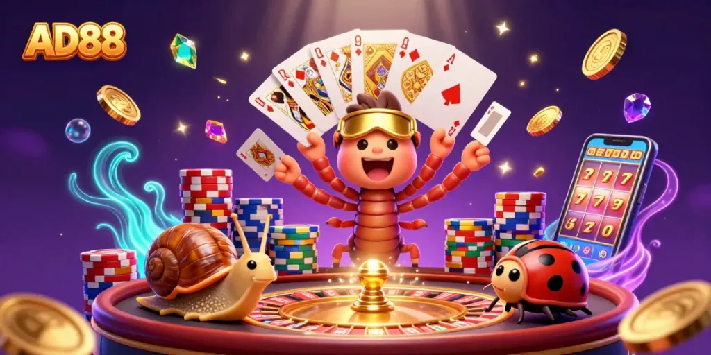 Experience thrilling gaming at AD88 with vibrant characters and dynamic casino elements.
