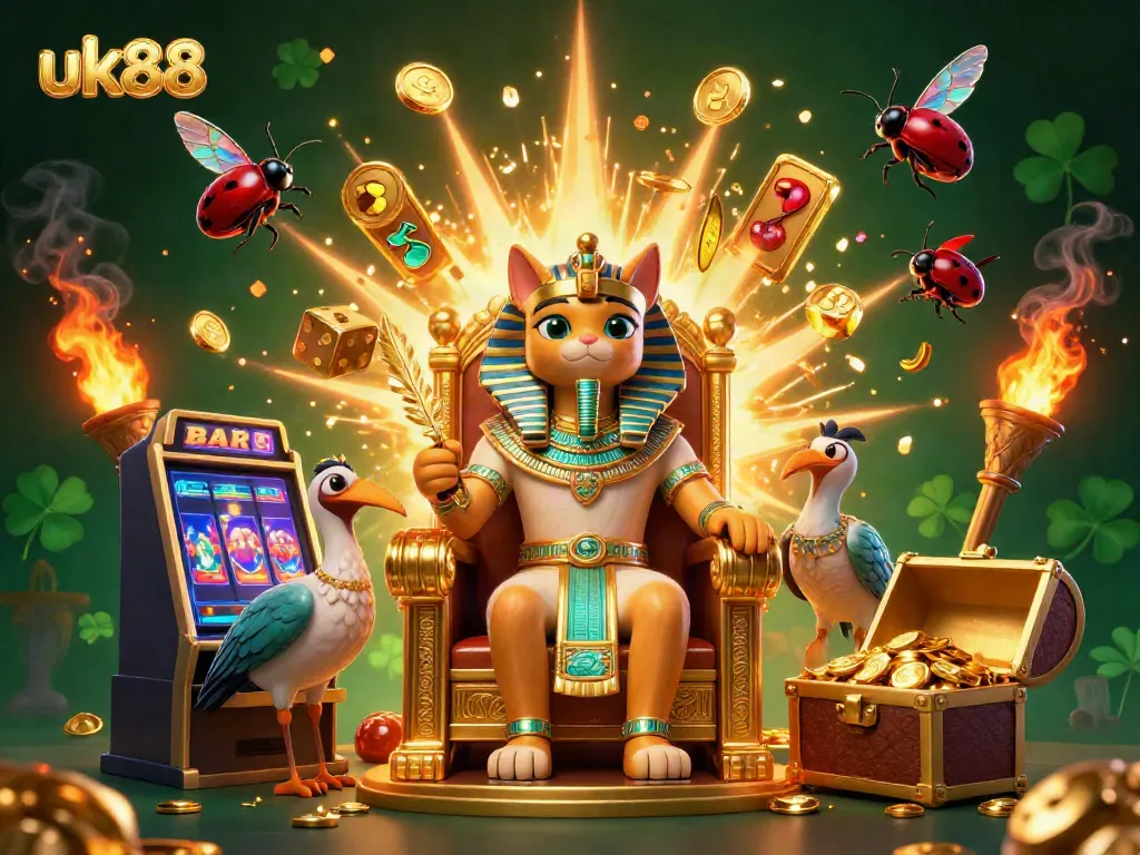 Experience the thrill of winning at uk88 with an exciting jackpot scene featuring a pharaoh cat and lavish casino elements.