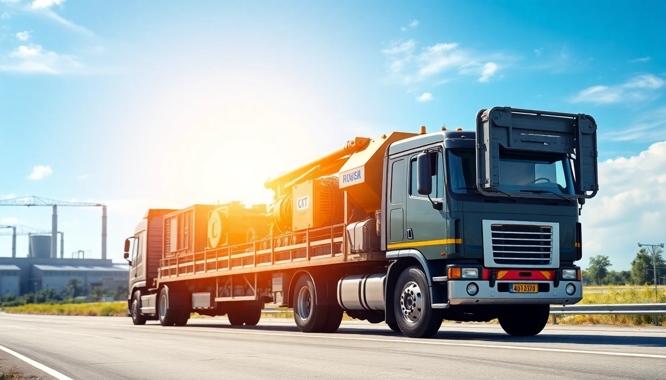 Showcasing equipment transportation with a truck carrying construction machinery on a clear day.