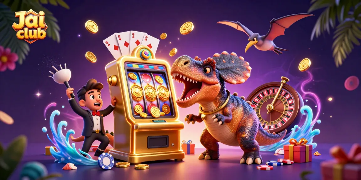 Experience excitement at Jai club with a dinosaur-themed slot jackpot scene filled with vibrant gaming elements.