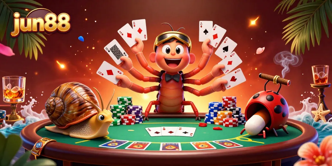 Experience excitement at jun88 with a 3D casino scene showcasing vibrant characters and poker action.