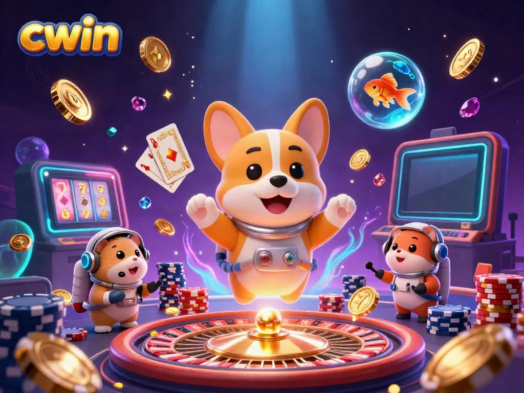 Watch the corgi astronaut playing in the zero-gravity CWIN casino surrounded by golden coins and gems.