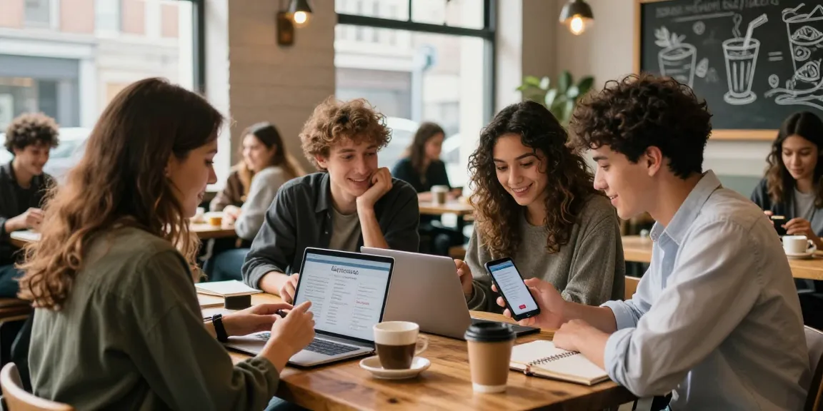 Group of friends discussing results from a test of attractiveness in a vibrant café setting, showcasing community and self-exploration.