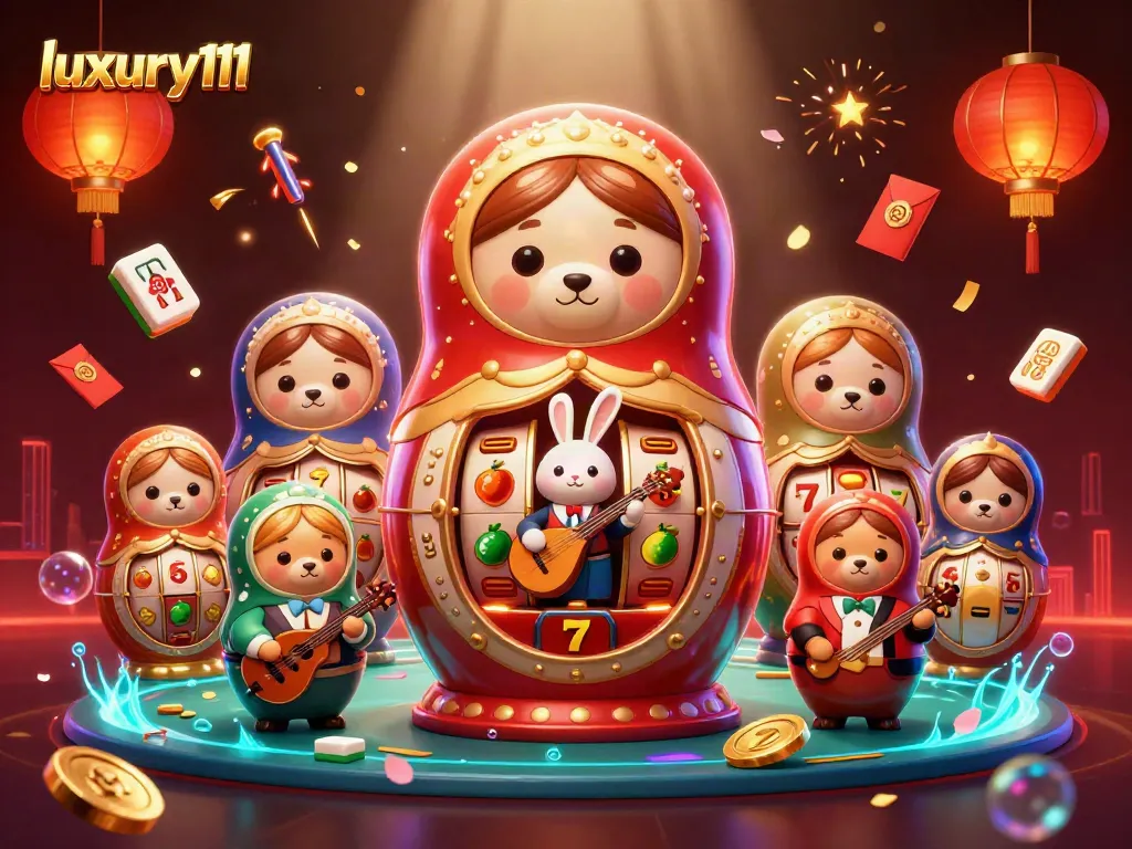 Play and win at luxury111 with interactive 3D characters and festive casino elements in a vibrant atmosphere.
