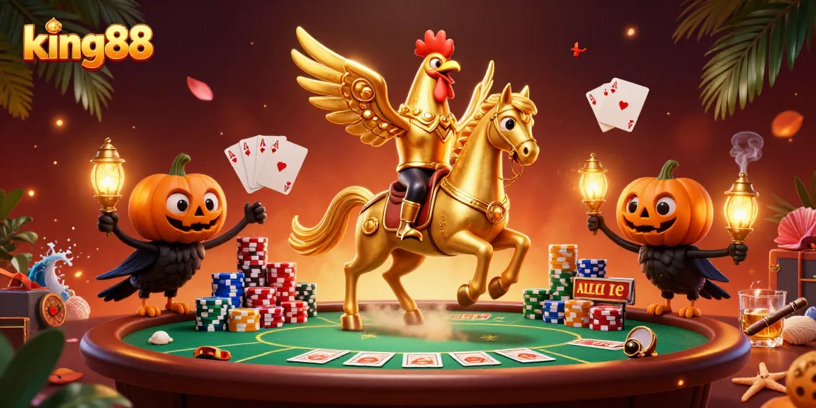Experience thrilling gaming at king88 with golden rooster headless horseman and poker elements in an atmospheric casino.
