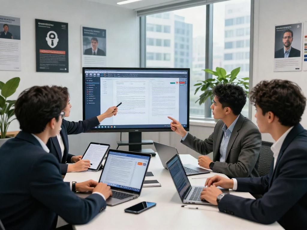 Team discussing document fraud detection solution in modern office.