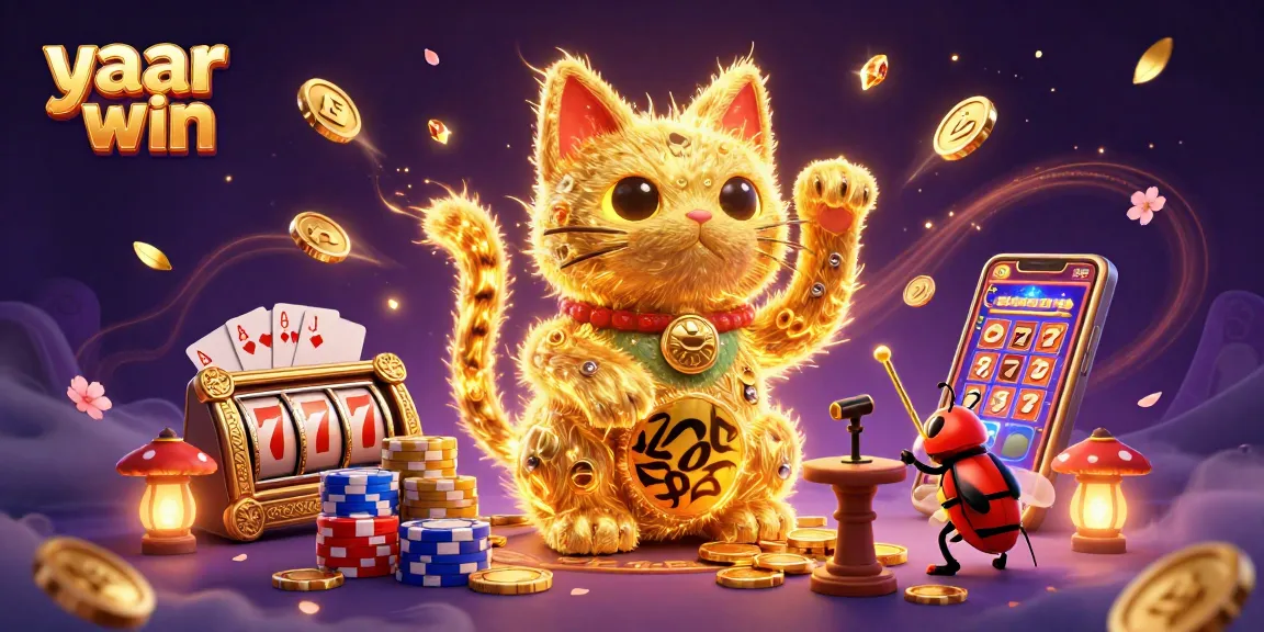 Experience the yaar win excitement with a magical scene of a lucky cat and sparkling casino symbols.