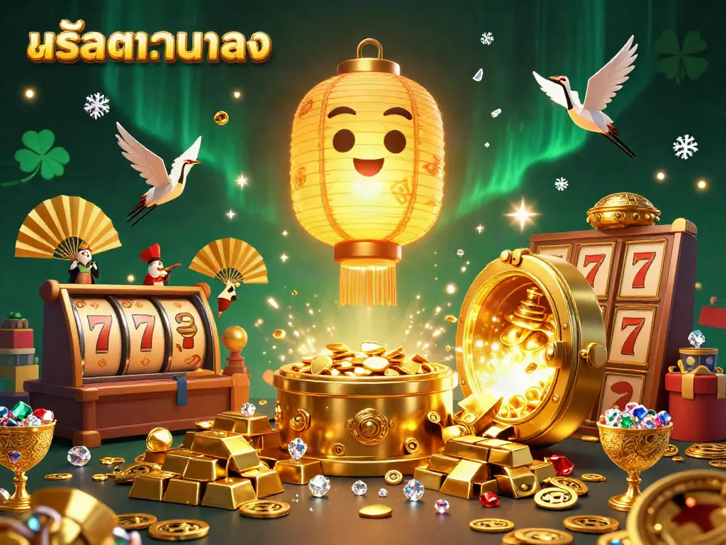 Experience the excitement of สล็อตเว็บตรง with golden lantern spirits and dynamic casino elements in this vibrant illustration.