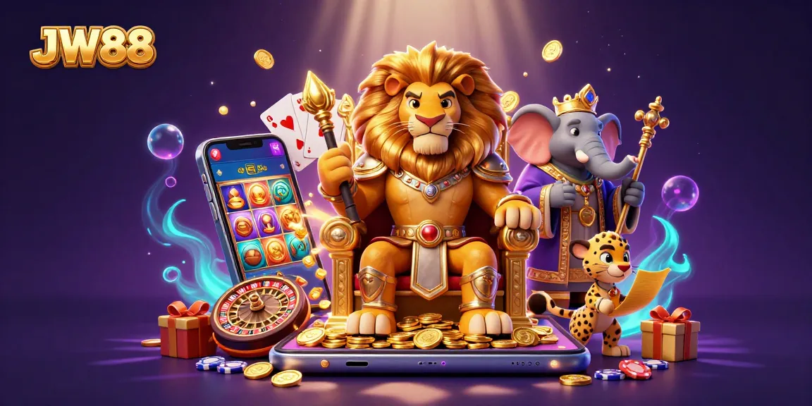 JW88 gaming scene with a majestic lion and vibrant slot game action