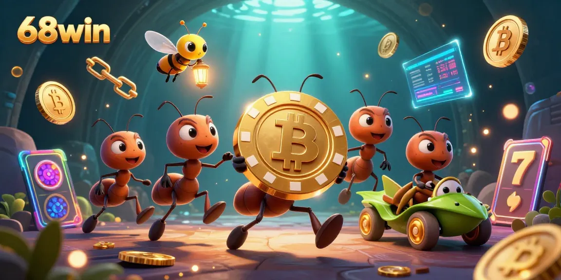 Experience thrilling gaming with 68win as ants run a heist carrying a giant poker chip.