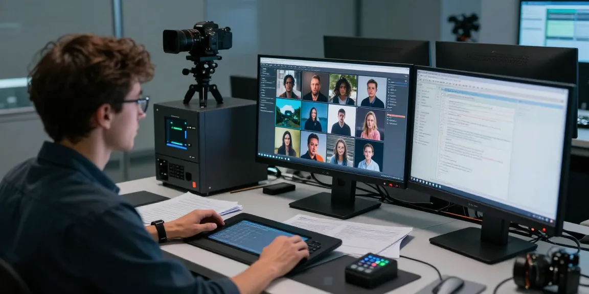 AI-Generated Image Detection in a tech lab with an analyst examining digital images on advanced monitors.
