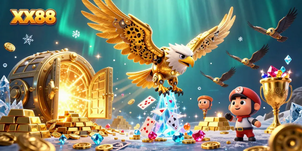 Experience thrilling gameplay at XX88, showcasing a dynamic 3D golden eagle diving through holographic cards while treasures burst forth.