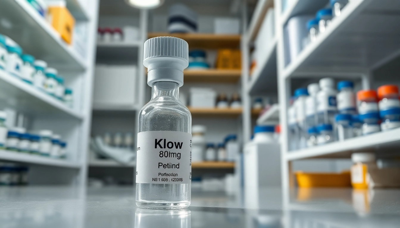 Showcase of klow 80mg vial in a professional lab setting, emphasizing purity and research.