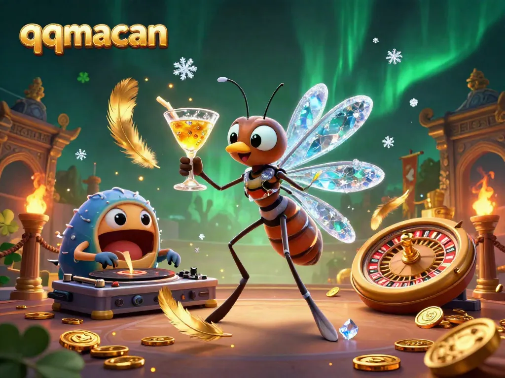 Engage with qqmacan as a 3D mascot holding a cocktail amidst a dynamic casino scene.