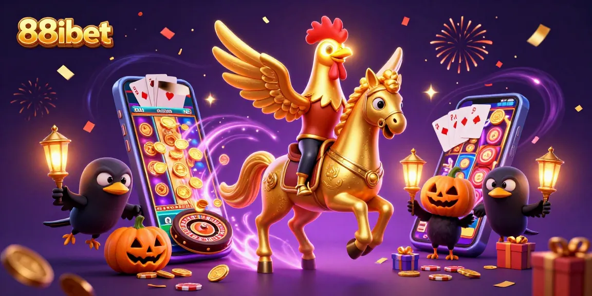 88ibet golden rooster rides through a vibrant casino scene bursting with games and excitement.