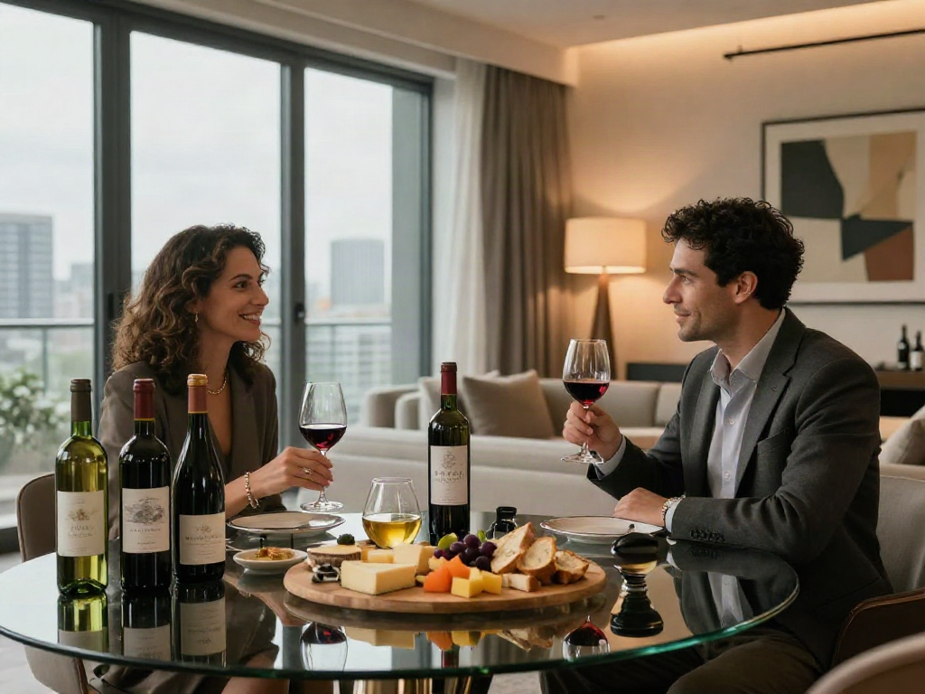 Pengalaman mencicipi wine mewah luxury111 di apartemen modern, pasangan elegan dengan berbagai botol wine.