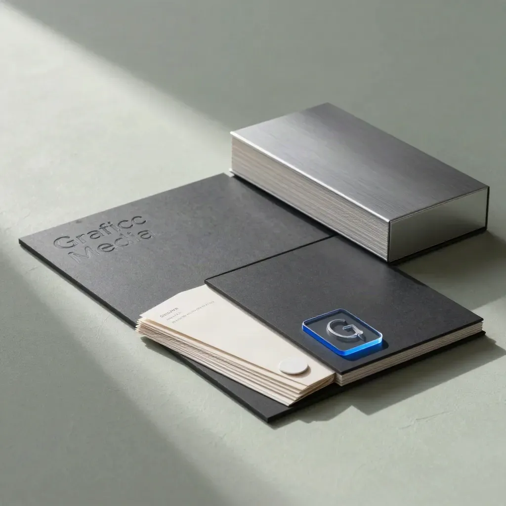 Matte boards, acrylic logo tiles, print sleeves and portfolio box in moody dawn light.