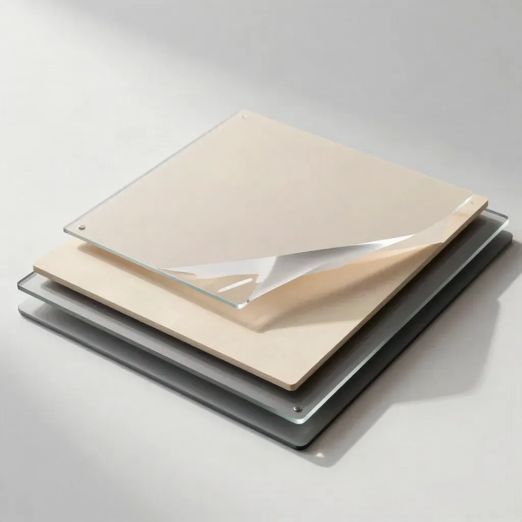 Top-down motion of social post mockups and acetate overlays on a bright studio desk.