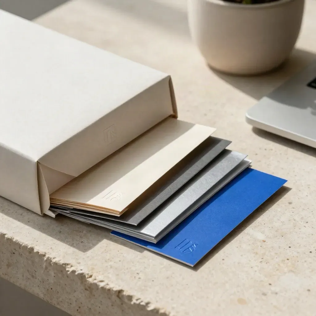 Startup brand kit on pale stone with box, boards, palette chips, plant, and laptop edge