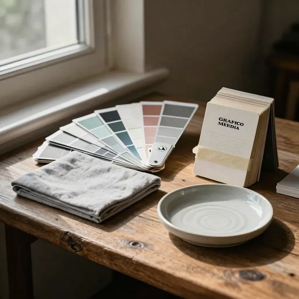 Brand kit materials on a shelf: swatch fan, wrapped booklet, type cards and a ceramic dish in soft archive light