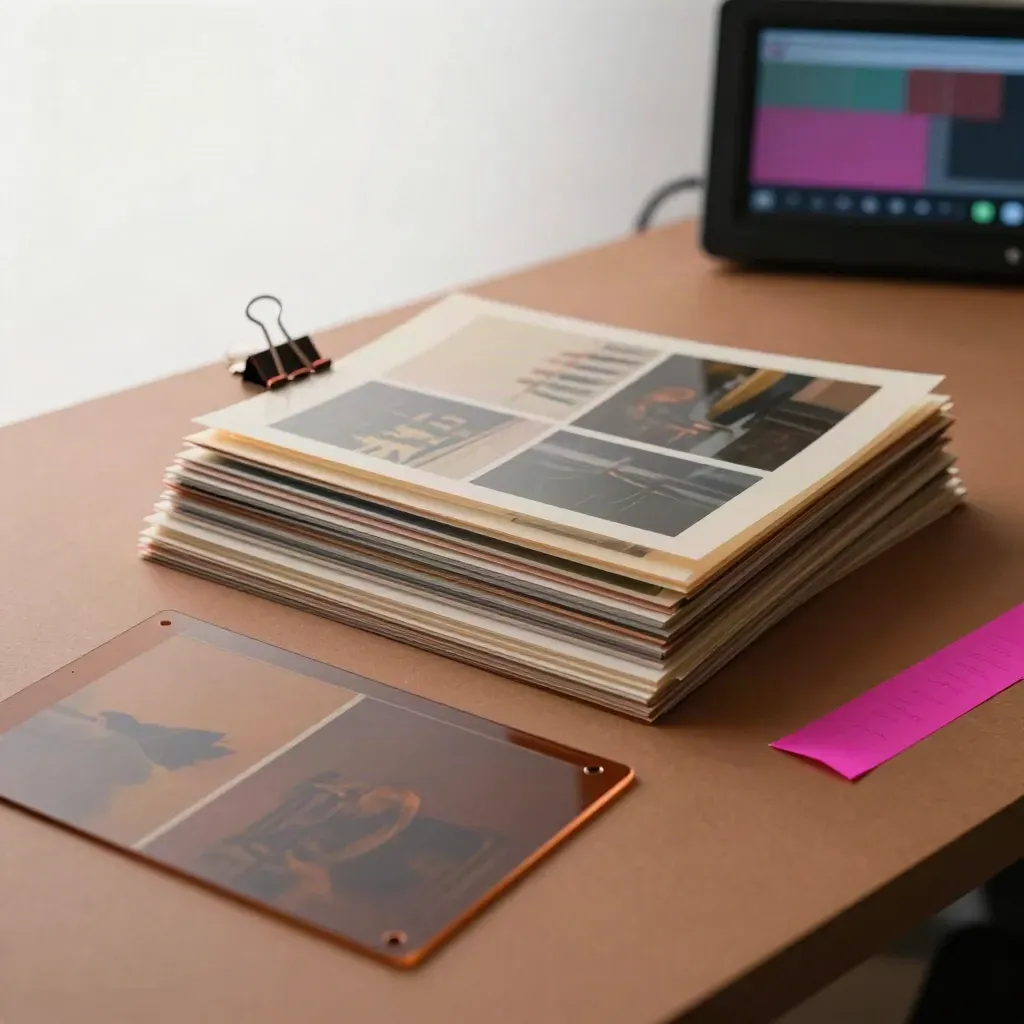 Motion storyboards fanned beside acetate sheets and a glowing review screen.