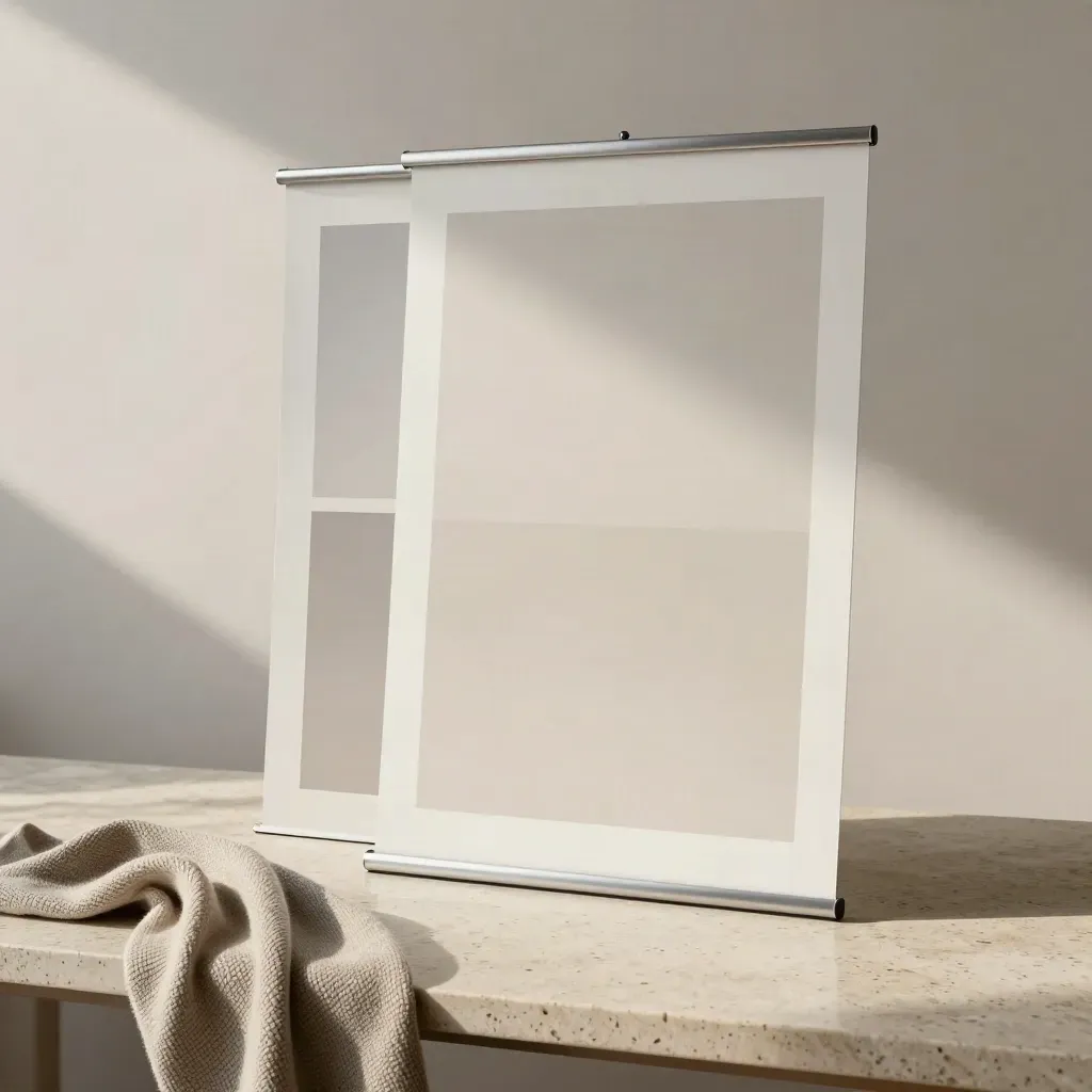 Tall banner mockups and cropped poster panels with folded knit cloth on a travertine table.