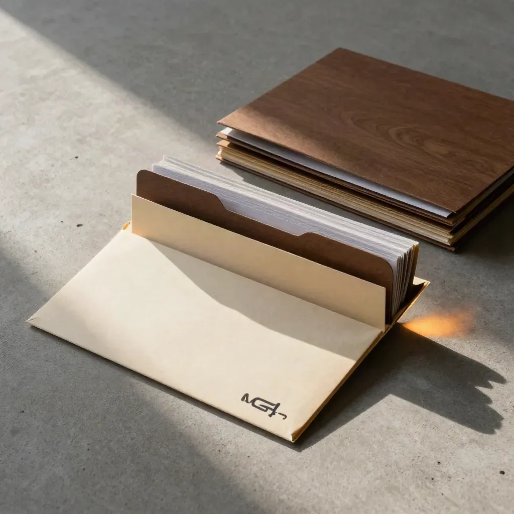 Open archival envelope with logo folders and icon sheets on brushed concrete in warm studio light.